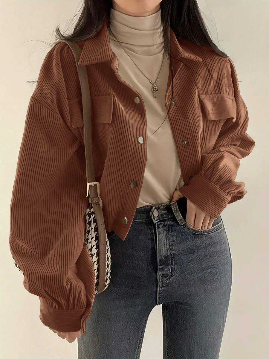 Cropped Corduroy Shacket Drawstring Hem