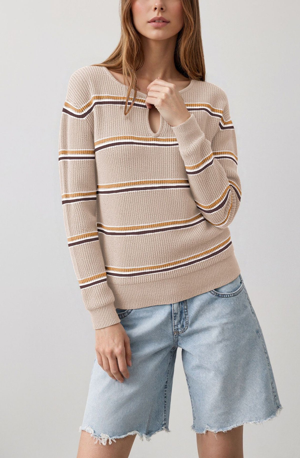 Women's Striped Keyhole Crew Neck Knit Sweater