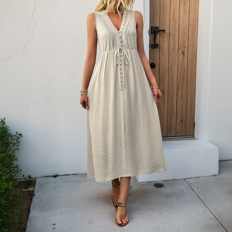 Solid Color Summer V Neck Sleeveless Midi Dress with Drawstring Waist
