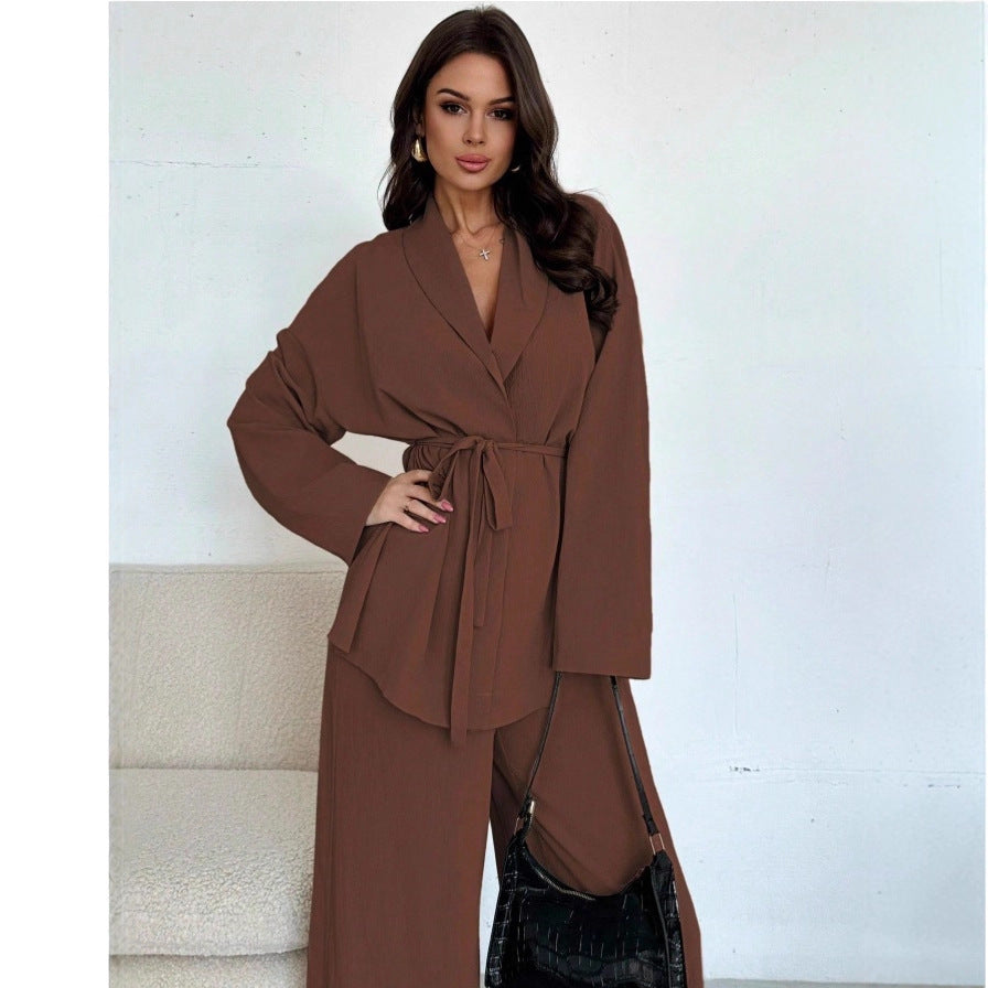 Two Piece Pants Set Wide Leg Belted Blazer Outfit