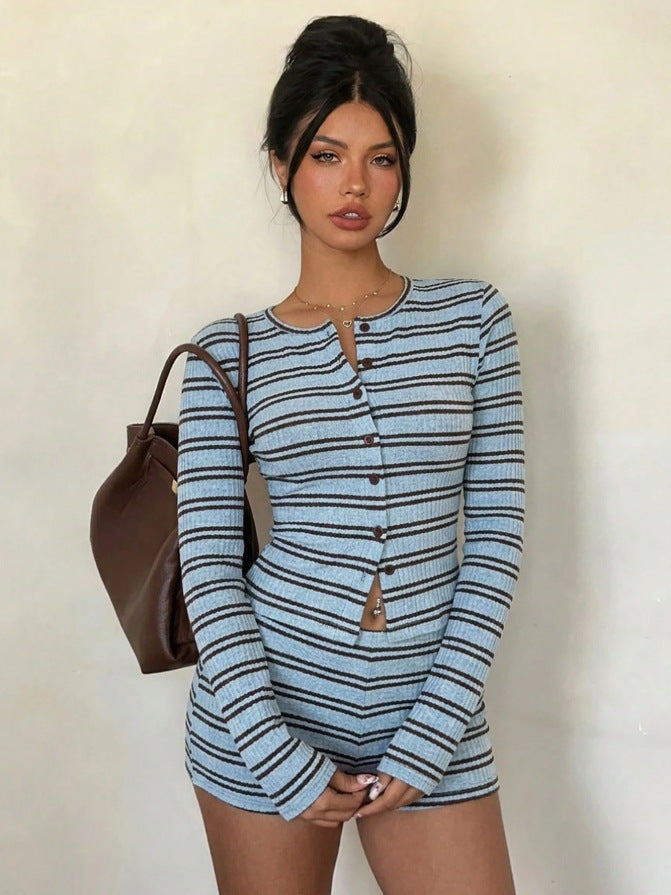 Striped Knit Cardigan and Shorts Two Piece Set