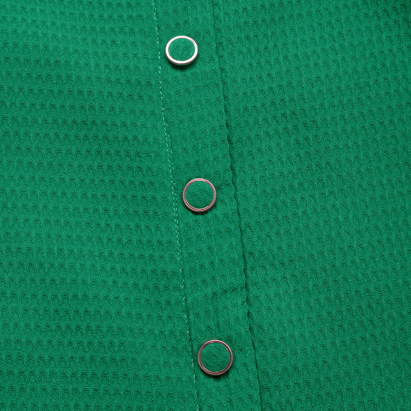 Green Ruffle Shoulder Textured Long Sleeve Blouse