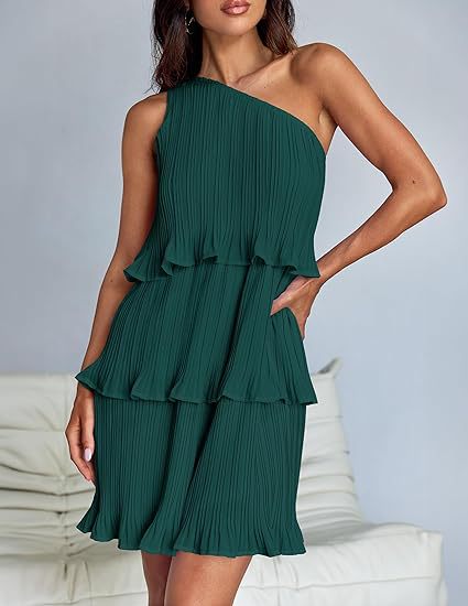 One Shoulder Tiered Pleated Ruffle Mini Dress for Summer