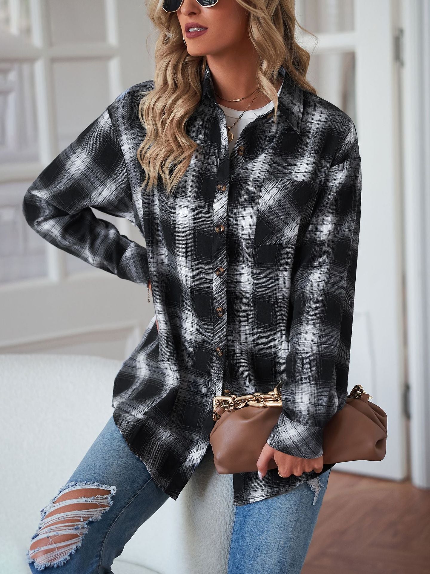 Plaid Flannel Shirt Jacket Oversized Button Up Shacket
