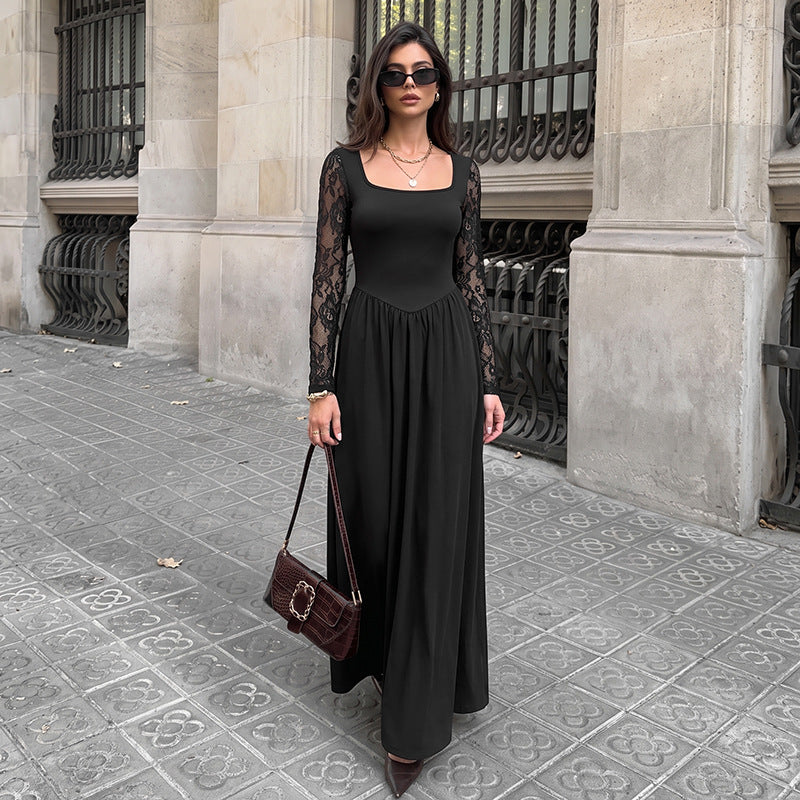 Square Neck Lace Sleeve Maxi Dress