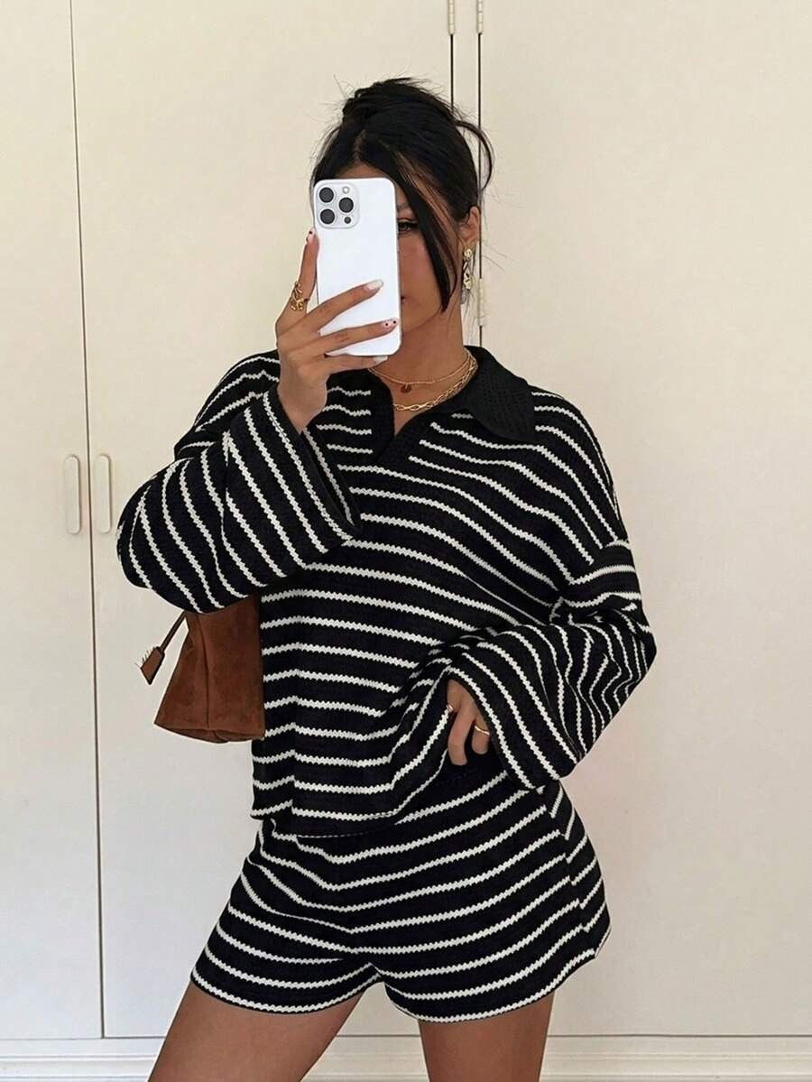 Striped Polo Lounge Set Resort Textured Collared Oversized