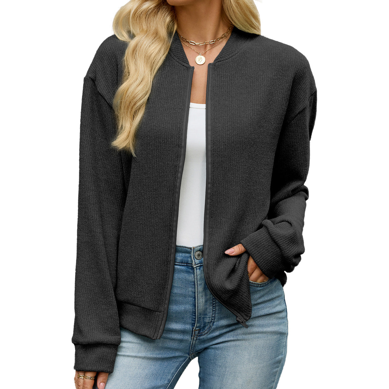 Women's Oversized Zip Up Cardigan Jacket Casual Long Sleeve