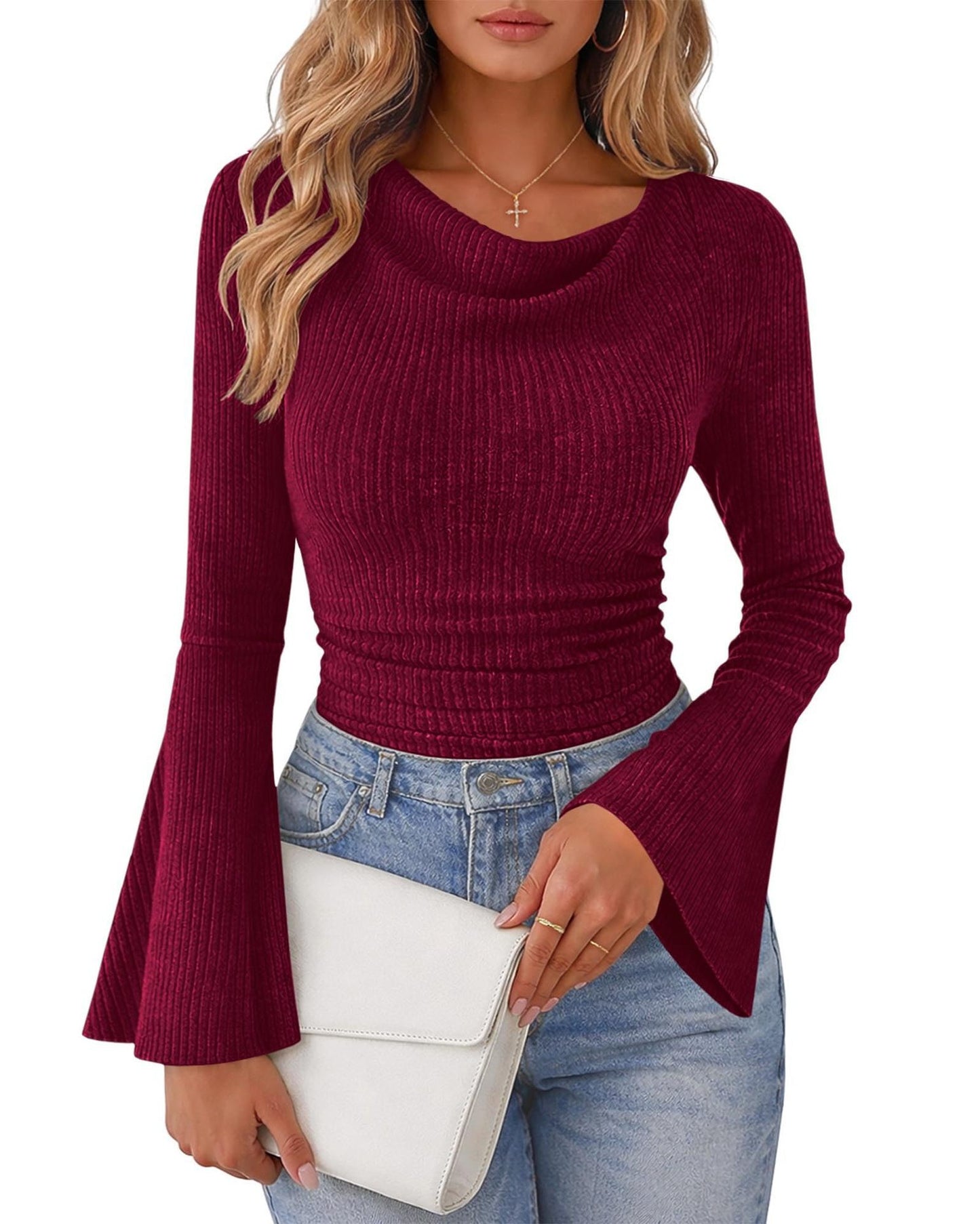 Women's Cowl Neck Bell Sleeve Ribbed Fitted Top