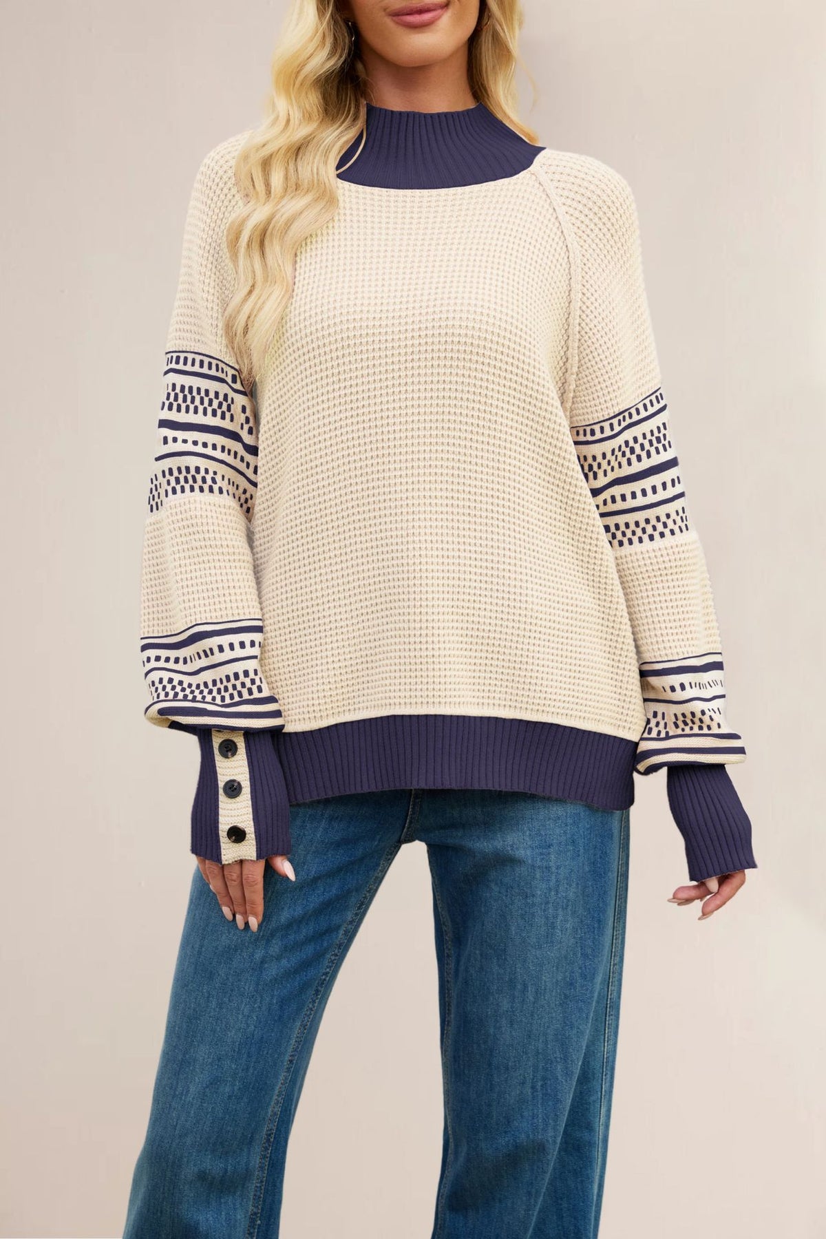 Womens Oversized Mock Neck Color Block Geometric Sweater