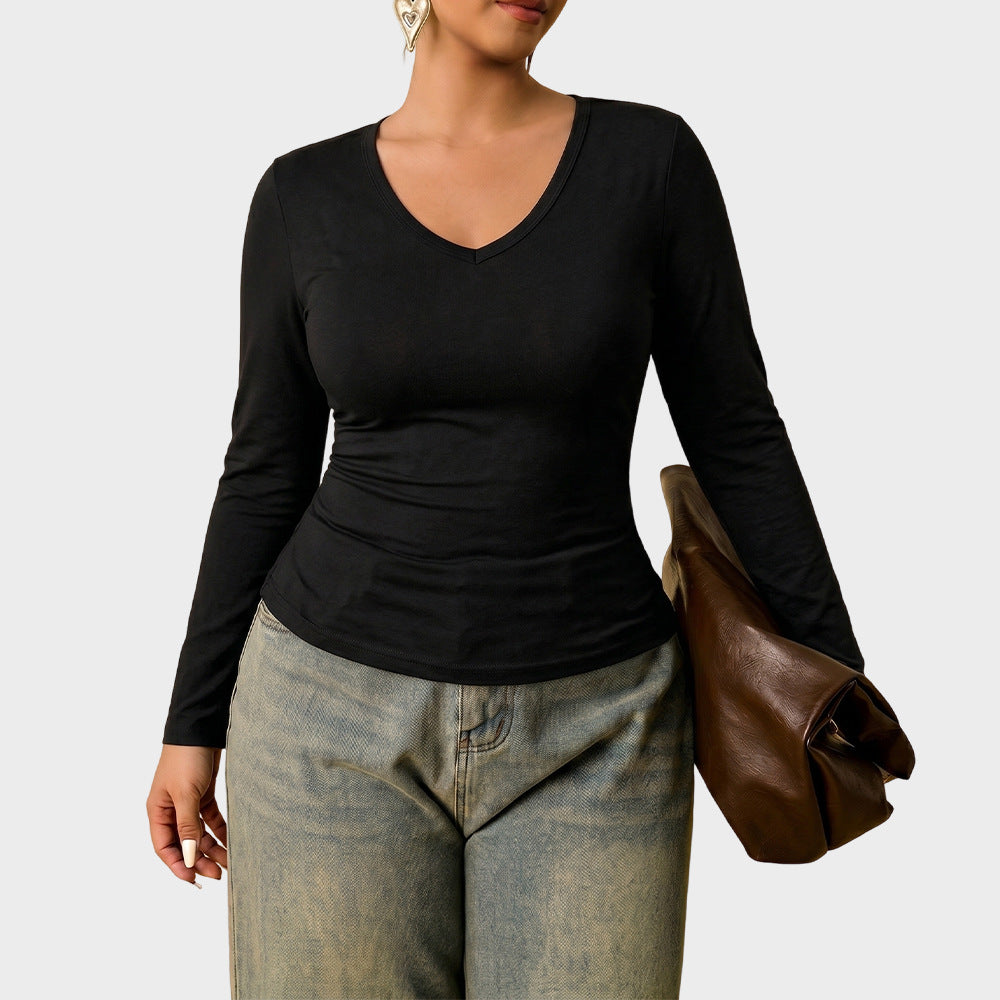 Solid Ribbed Long Sleeve Top V Neck Slim Fit Casual