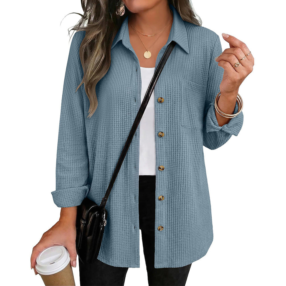 Waffle Knit Button Down Shacket Casual Long Sleeve Top
