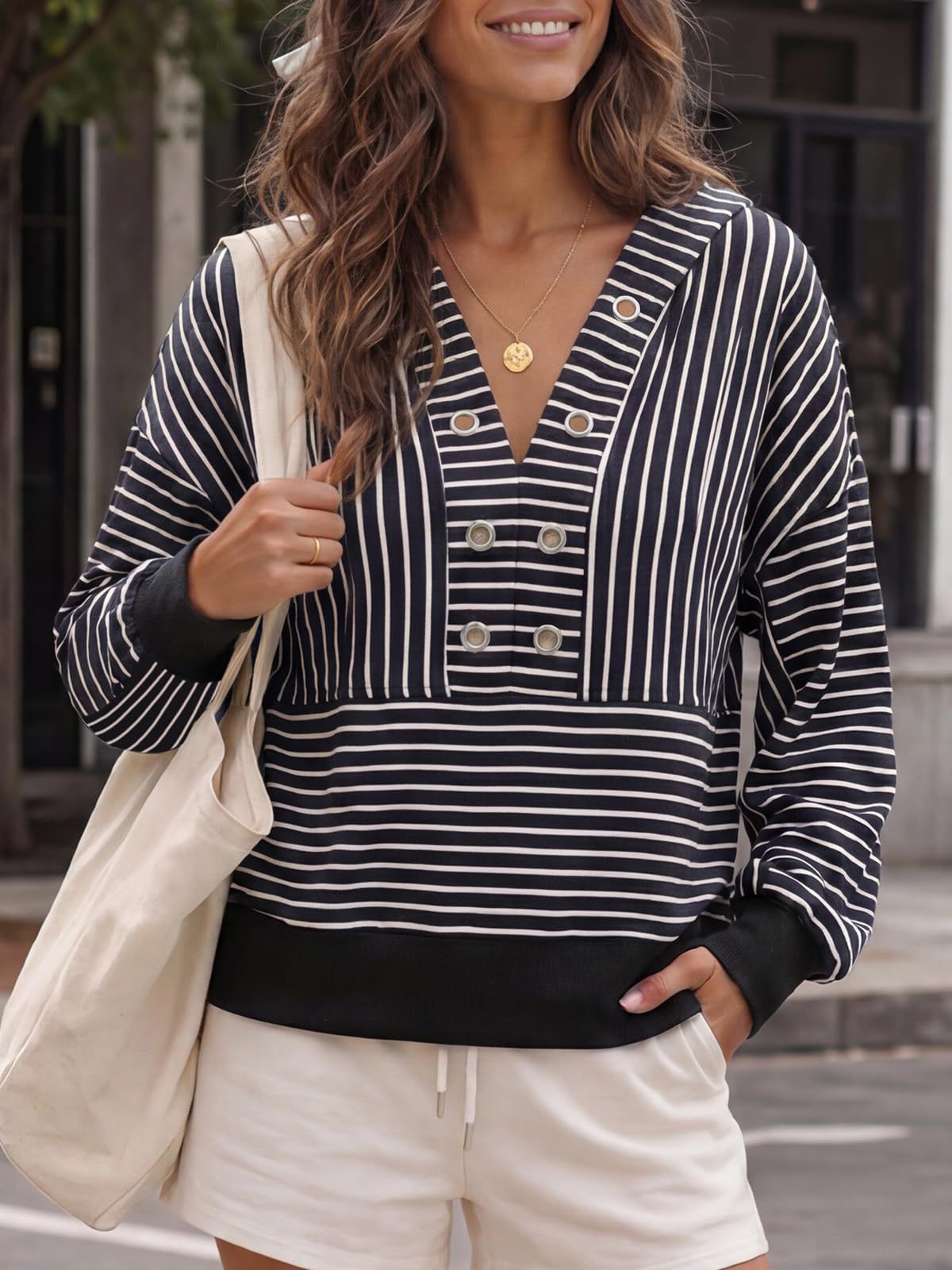 Women's Oversized Striped Cropped Hoodie V Neck Long Sleeve