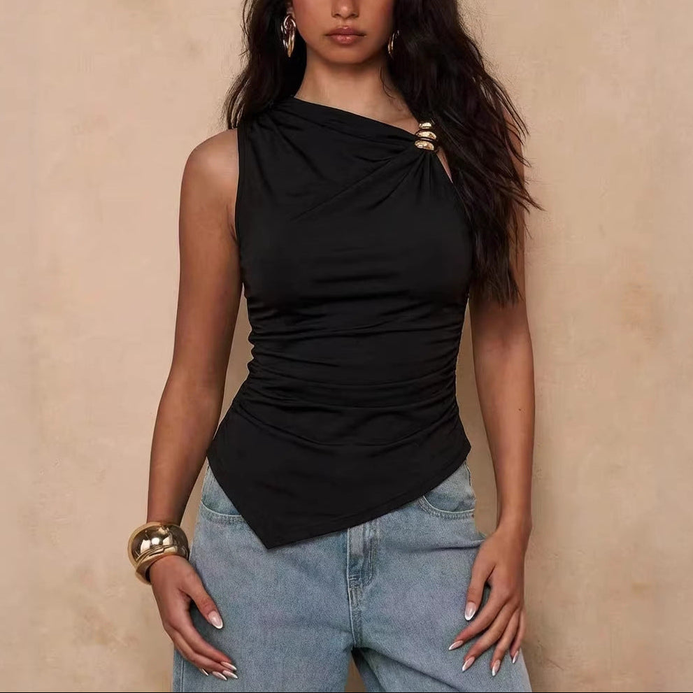 Black Asymmetrical Ruched Sleeveless Top with Metal Detail