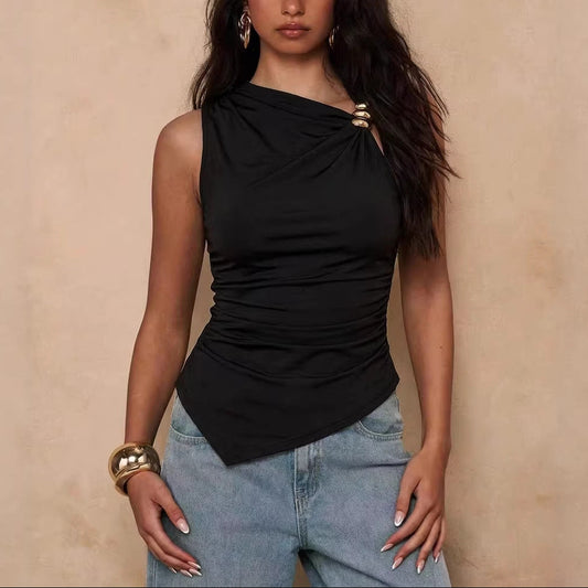 Black Asymmetrical Ruched Sleeveless Top with Metal Detail
