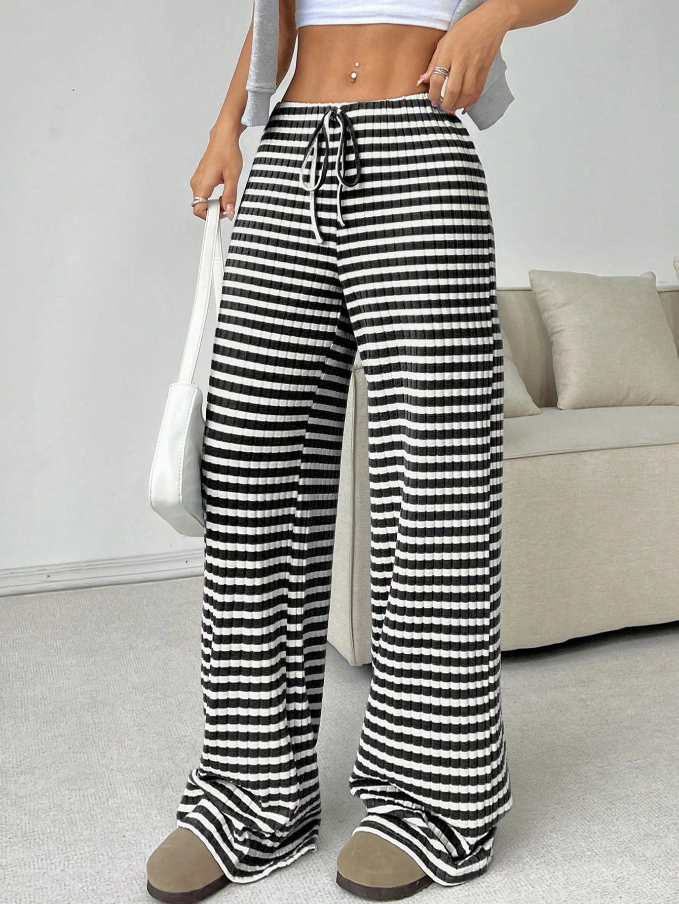 Women’s Striped Wide Leg Lounge Pants Drawstring Casual