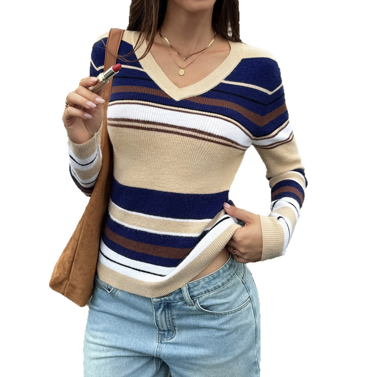 Women's Vintage Striped V-Neck Fitted Sweater