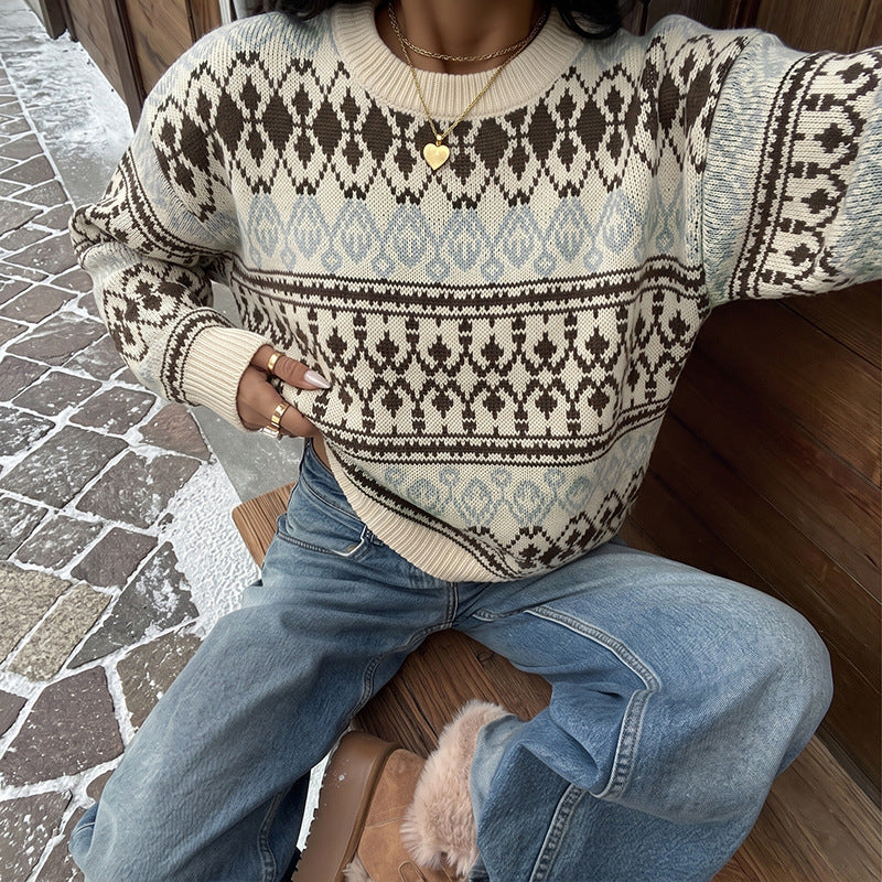 Women's Oversized Fair Isle Crew Neck Knit Sweater