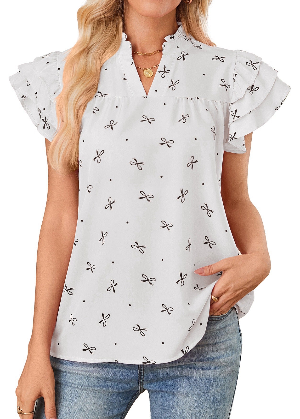 Bow Print V Neck Flutter Sleeve Chiffon Blouse Top