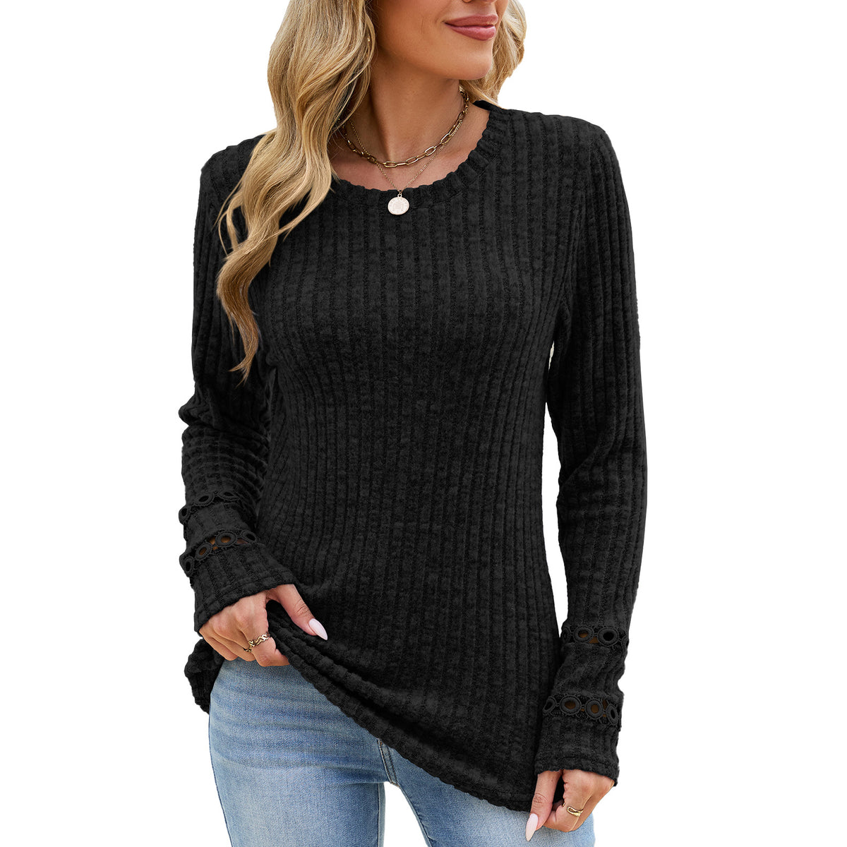 Women's Eyelet Cuff Ribbed Tunic Top Long Sleeve Loose Fit