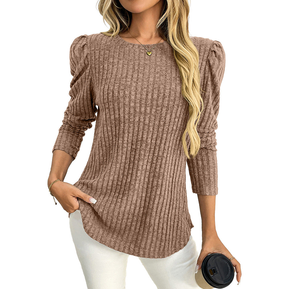 Women’s Long Sleeve Ribbed Top Puff Sleeve Crew Neck Tee