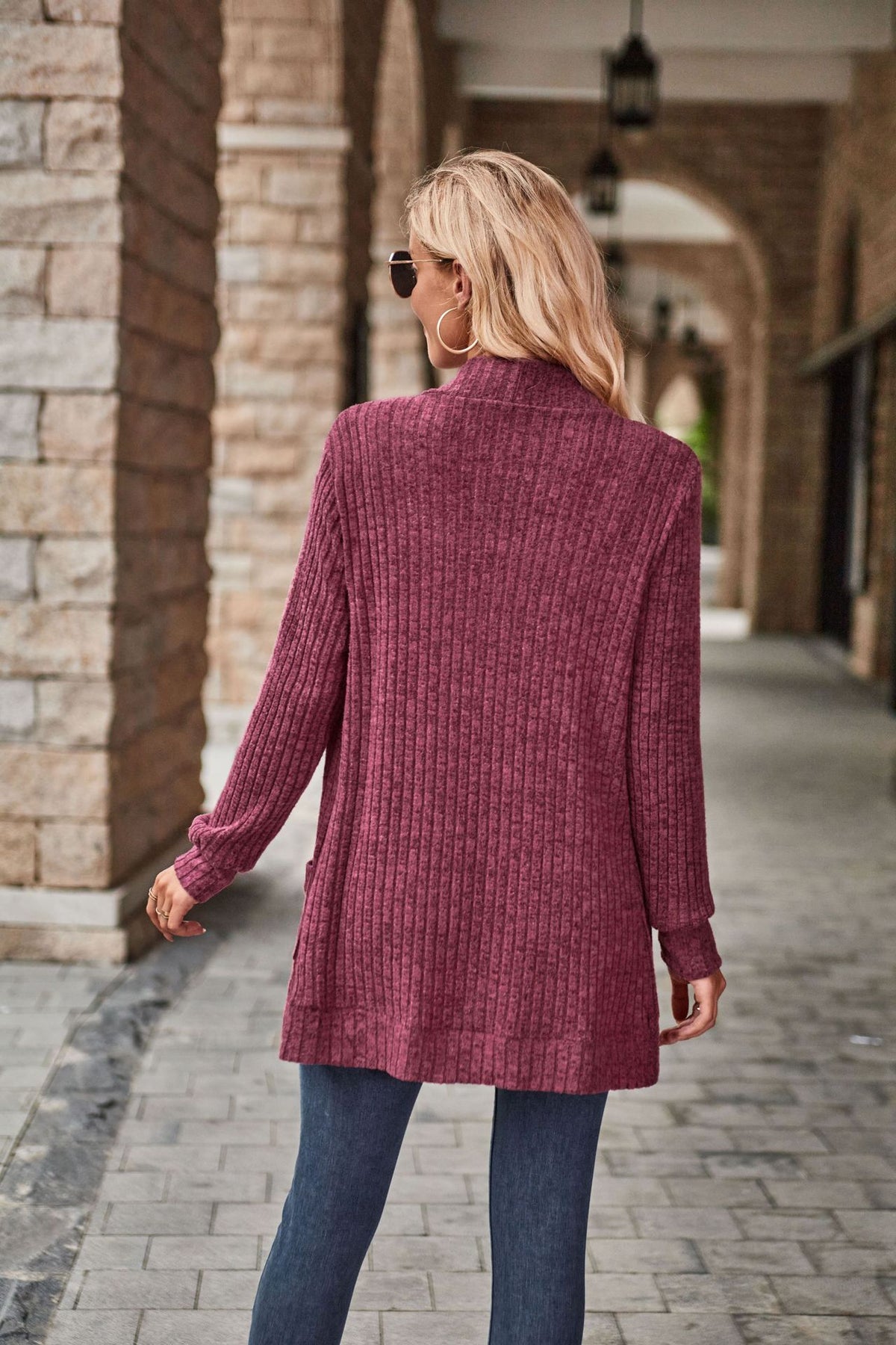 Women's Ribbed Knit Open Front Cardigan Long Sleeve Pockets