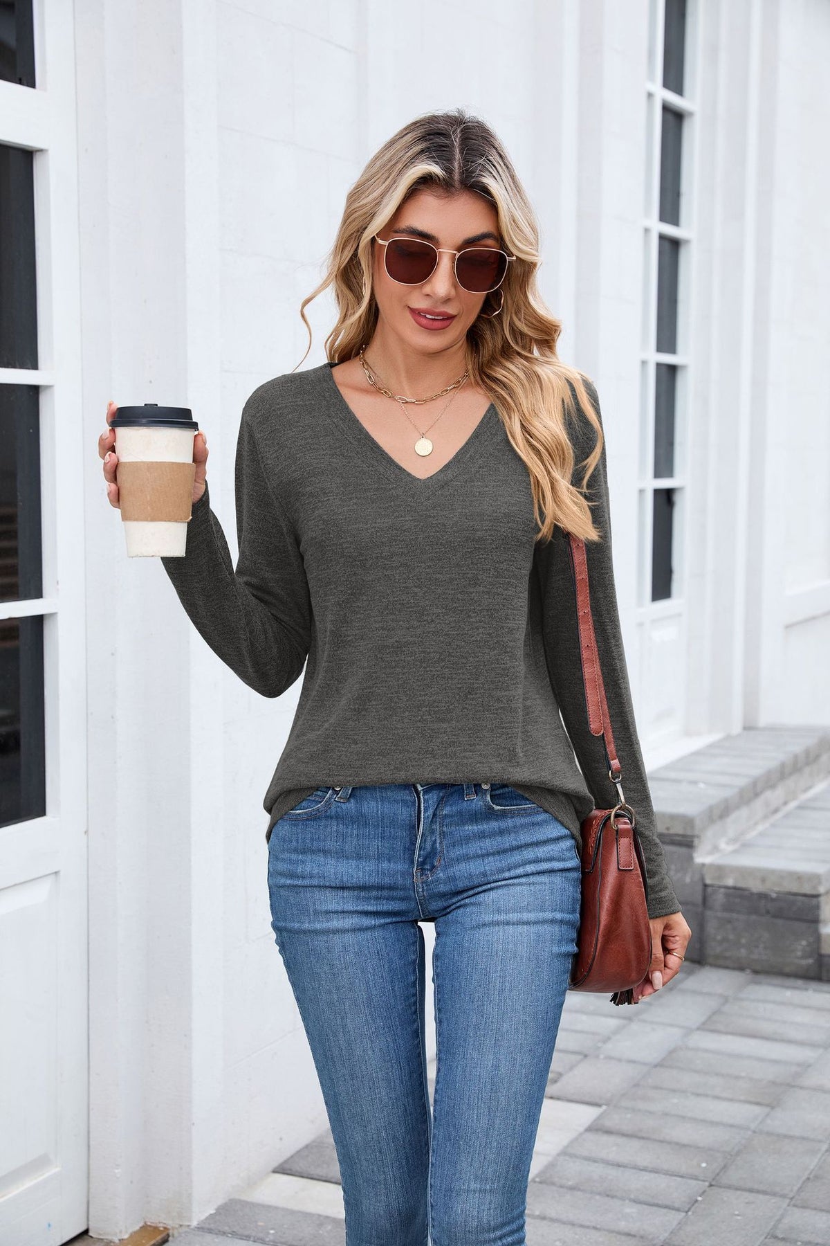 Women's Oversized V-Neck Long Sleeve Tunic Top