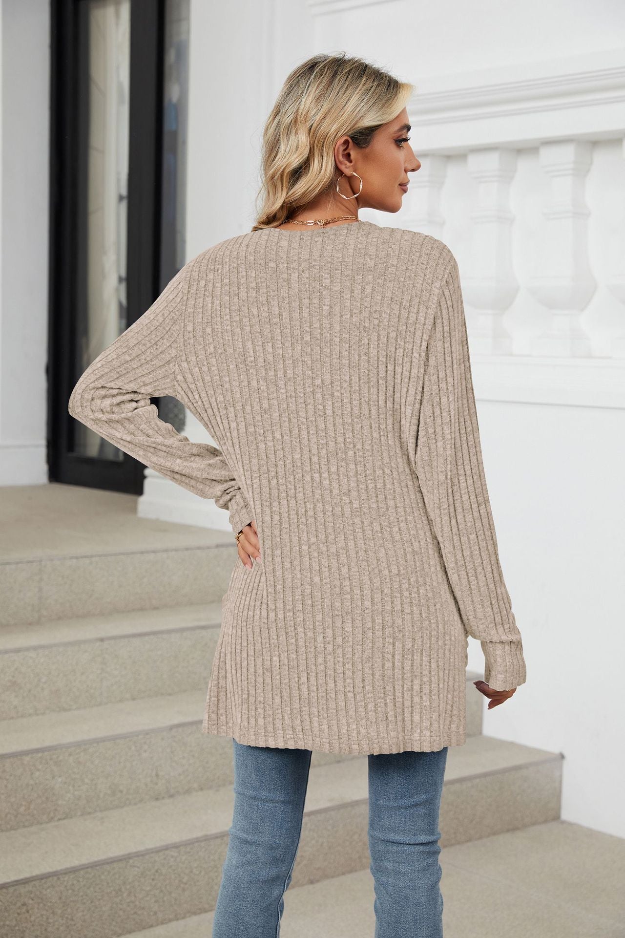 Solid Color Pocket Long-sleeved Bottom Cardigan Knitted Sweater