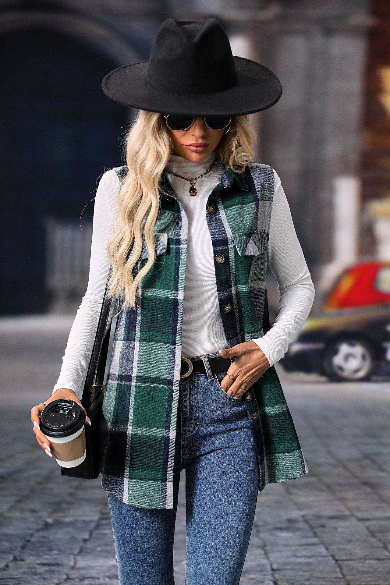 Plaid Shacket Vest with Pockets, Sleeveless Oversized
