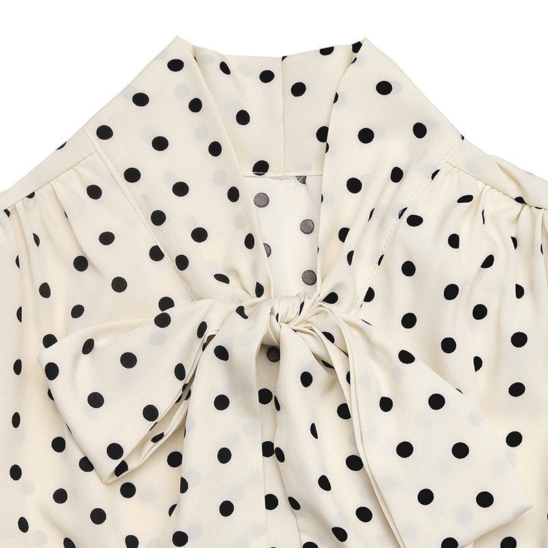 Polka Dot Bow Tie Neck Dress Long Sleeve Vintage Midi