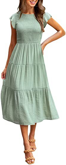 Smocked Waist Flutter Sleeve Tiered Midi Dress for Women