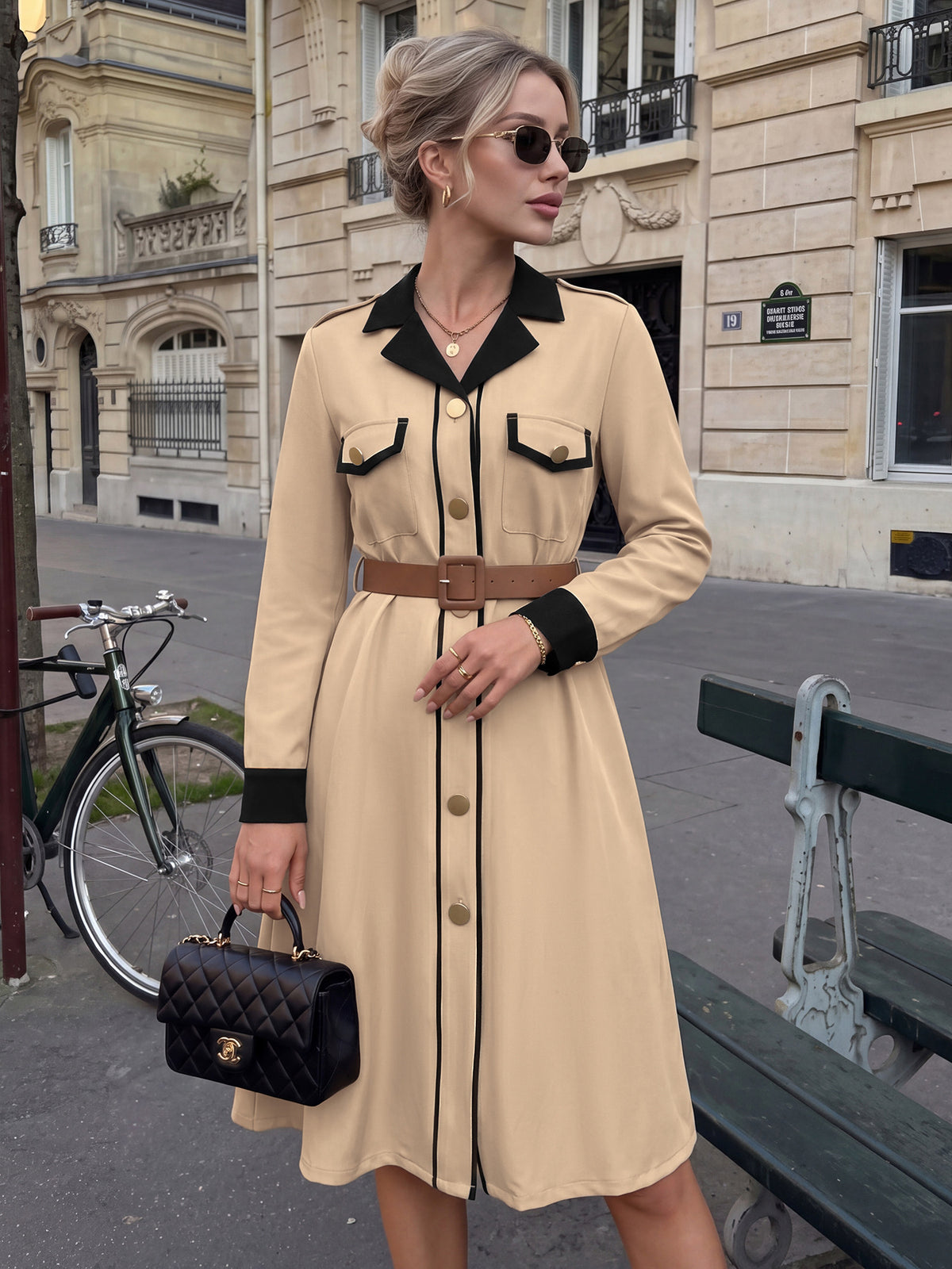 Women's Colorblock Blazer Midi Dress Belted Long Sleeve