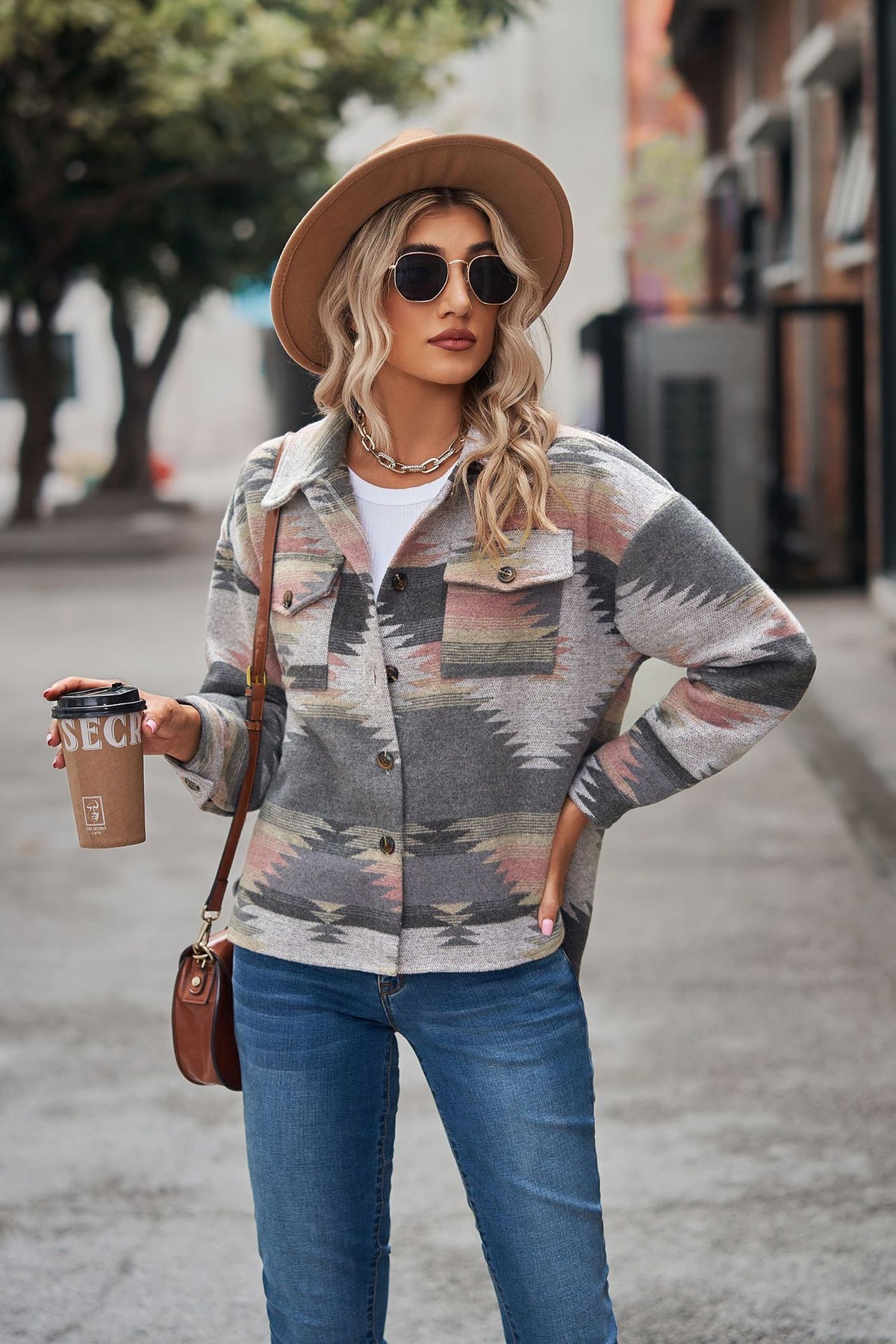 Women's Aztec Cropped Shacket Oversized