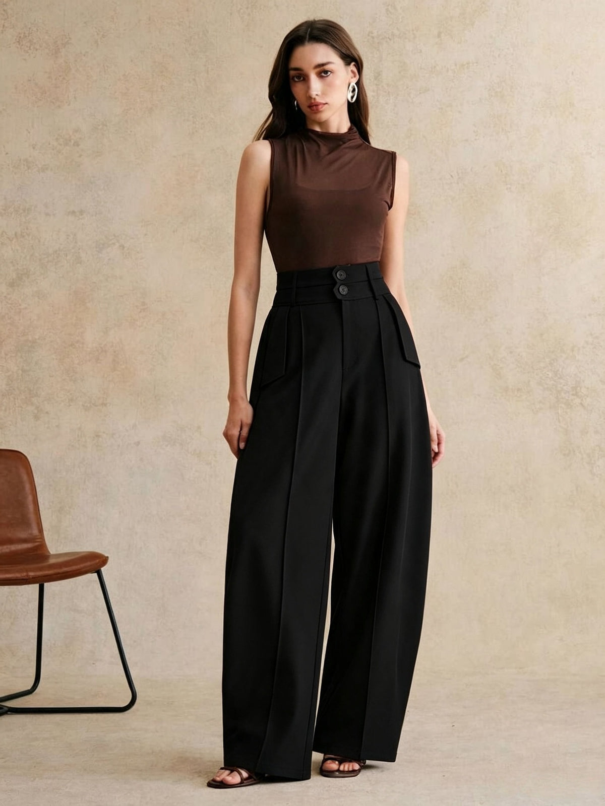 Women's High Waisted Wide Leg Curved Pants Casual Trousers
