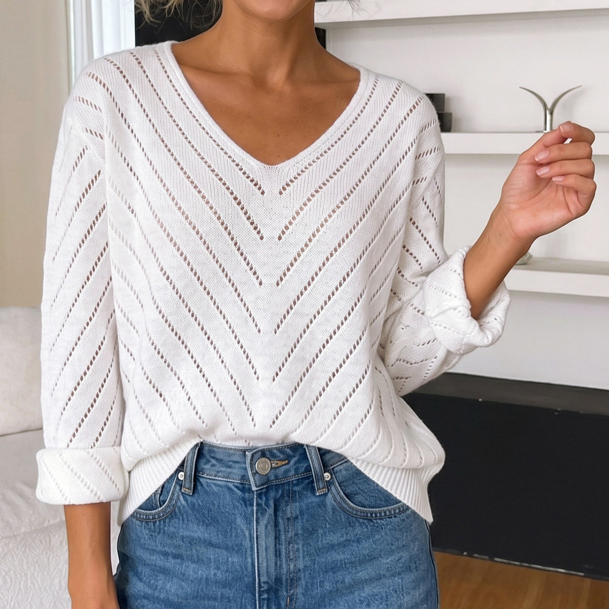 Women's V-Neck Pointelle Knit Sweater Loose Pullover
