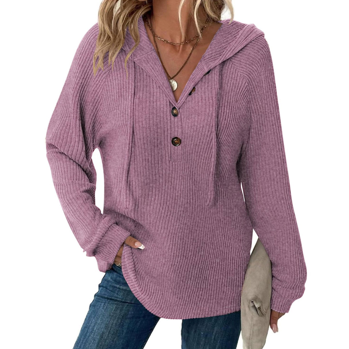 Ribbed Hooded Pullover with Button V-Neck