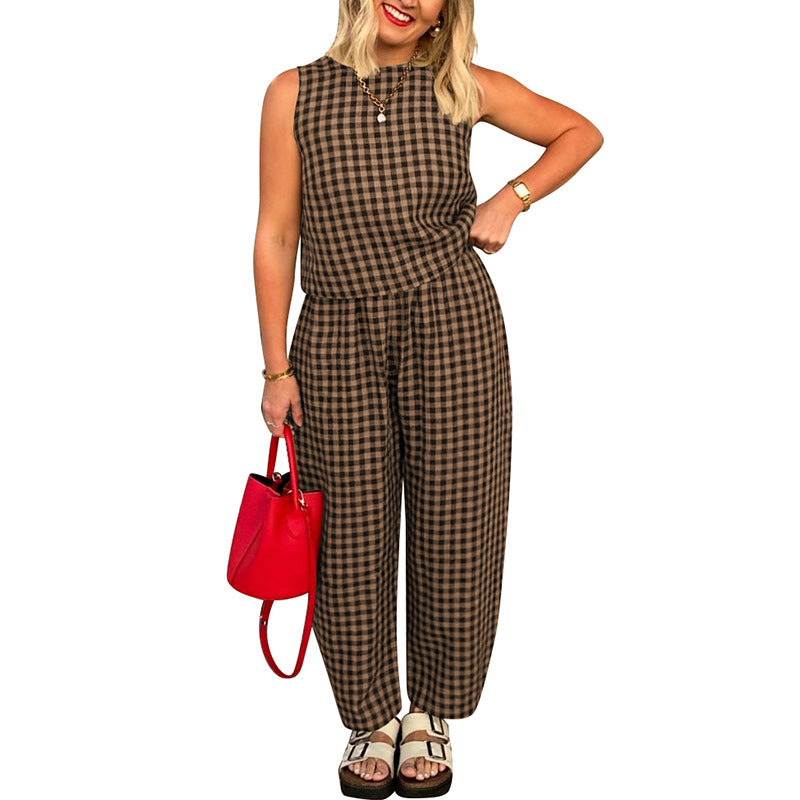 Women's Plaid Sleeveless Top & Pants Two Piece Set