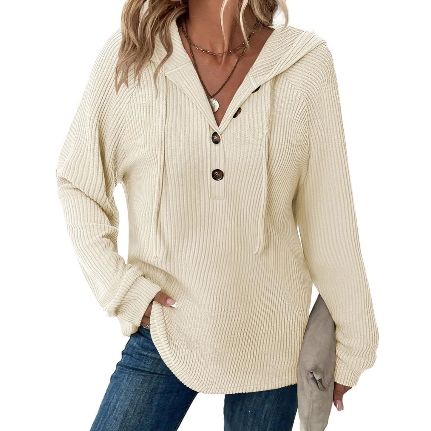 Ribbed Hooded Pullover with Button V-Neck