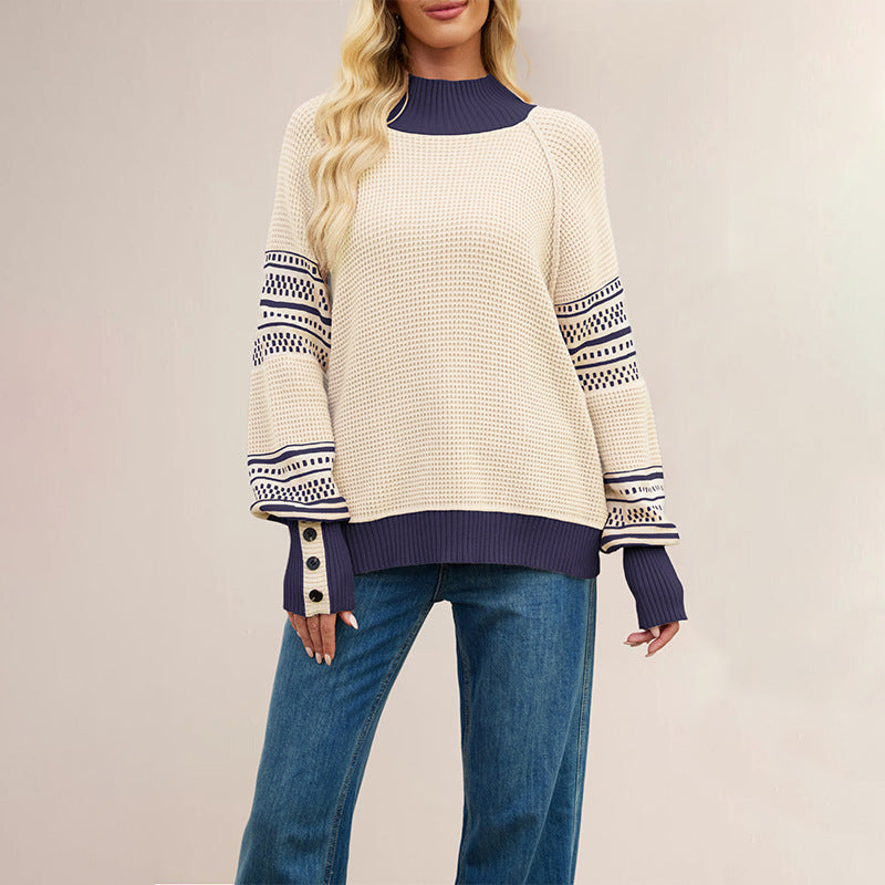 Womens Oversized Mock Neck Color Block Geometric Sweater