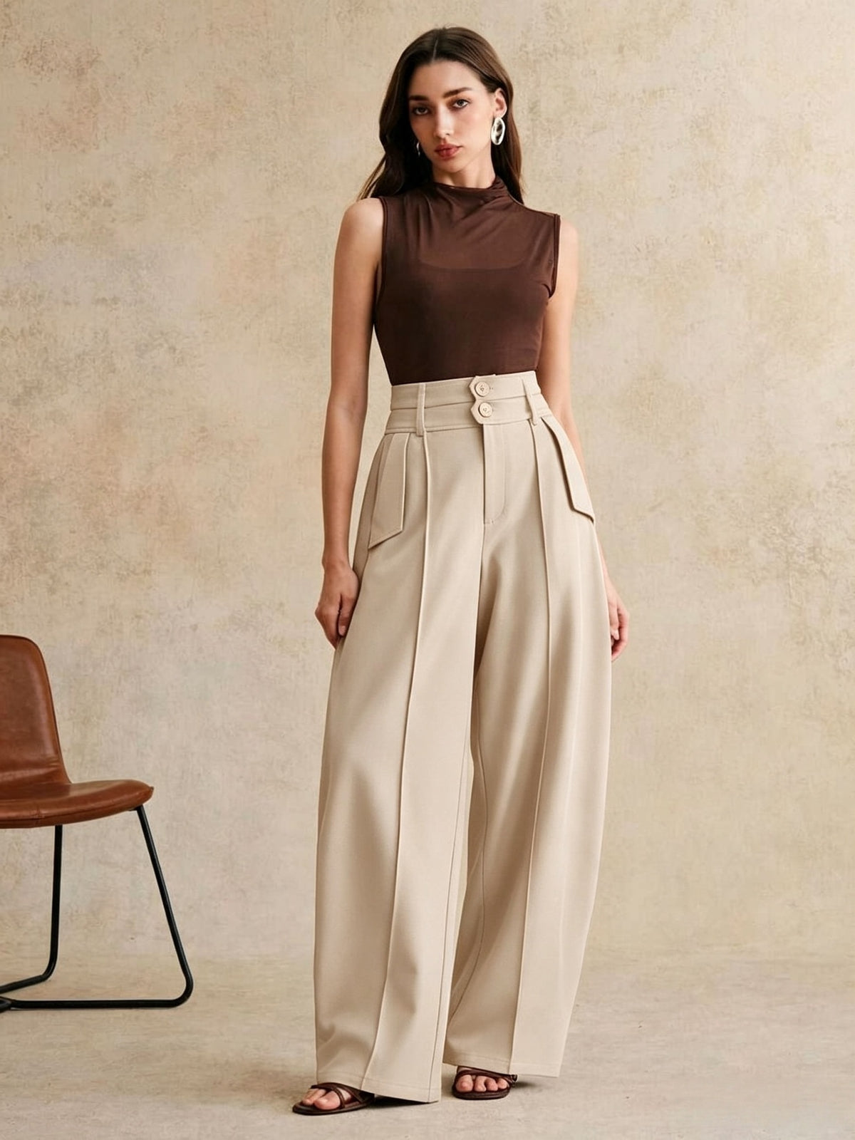 Women's High Waisted Wide Leg Curved Pants Casual Trousers