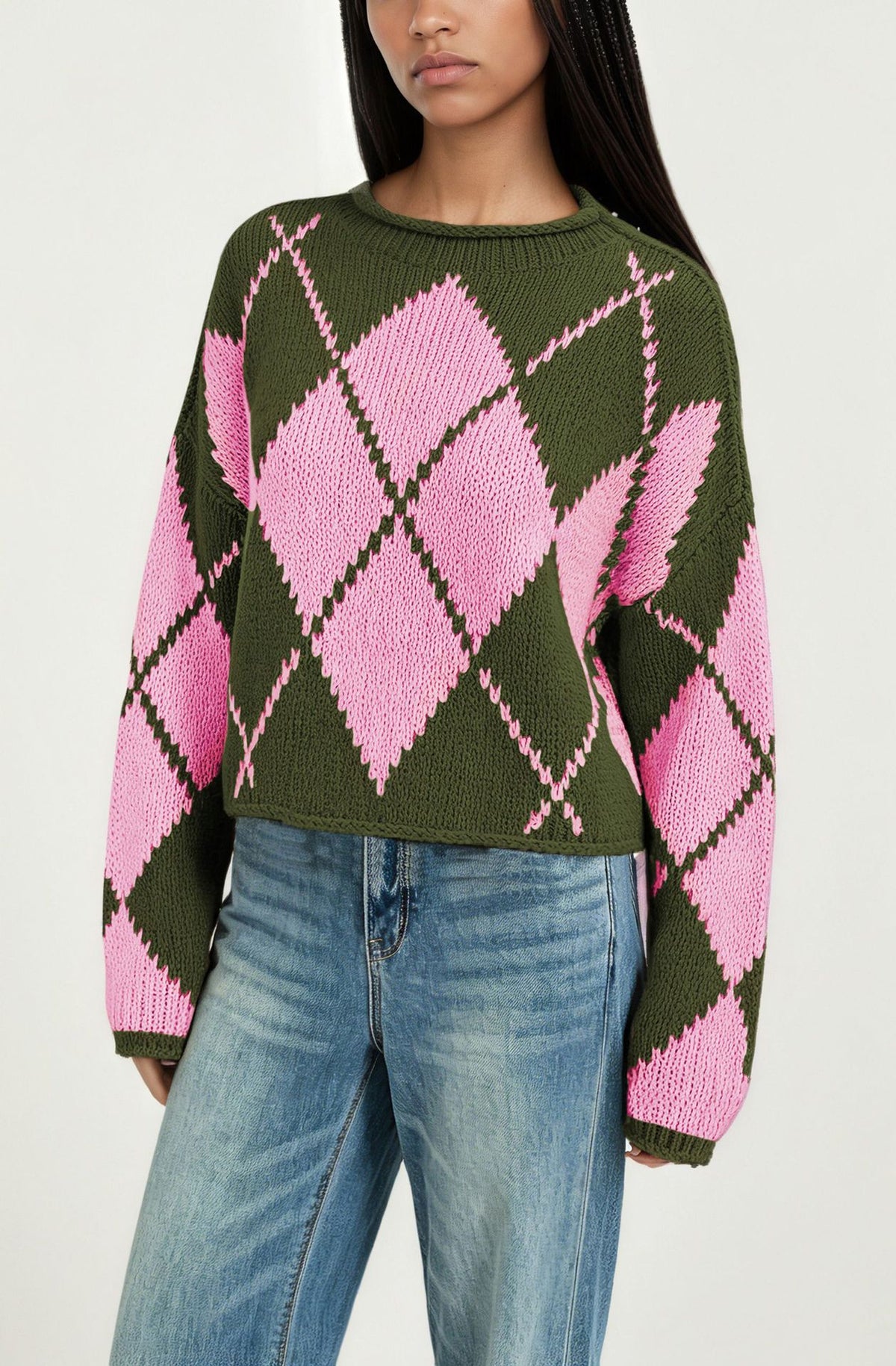 Women's Oversized Argyle Crewneck Sweater