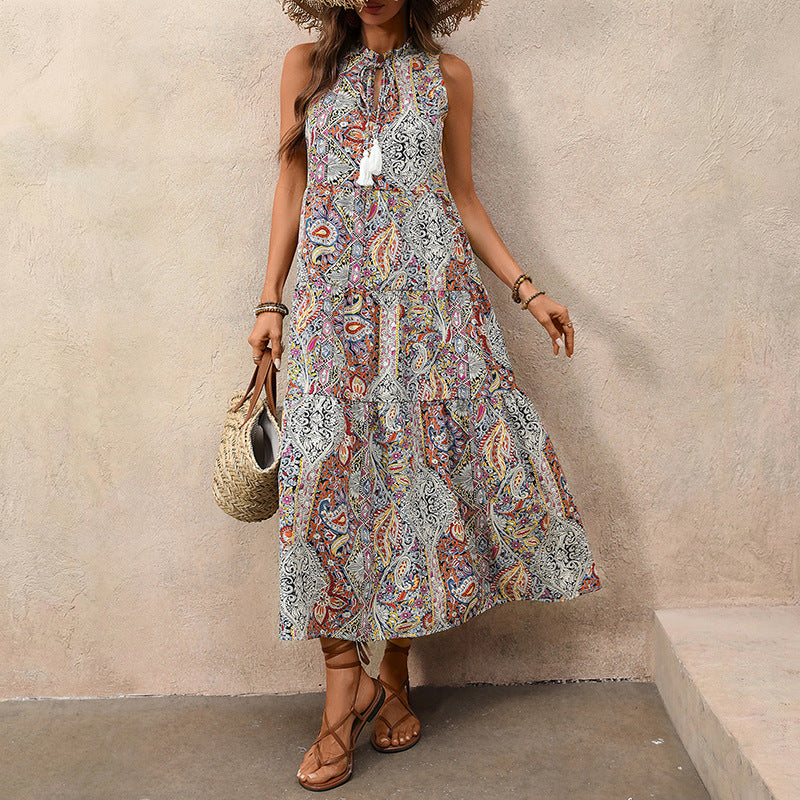 Women’s Boho Paisley Tassel Maxi Dress Sleeveless