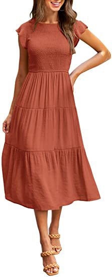 Smocked Waist Flutter Sleeve Tiered Midi Dress for Women