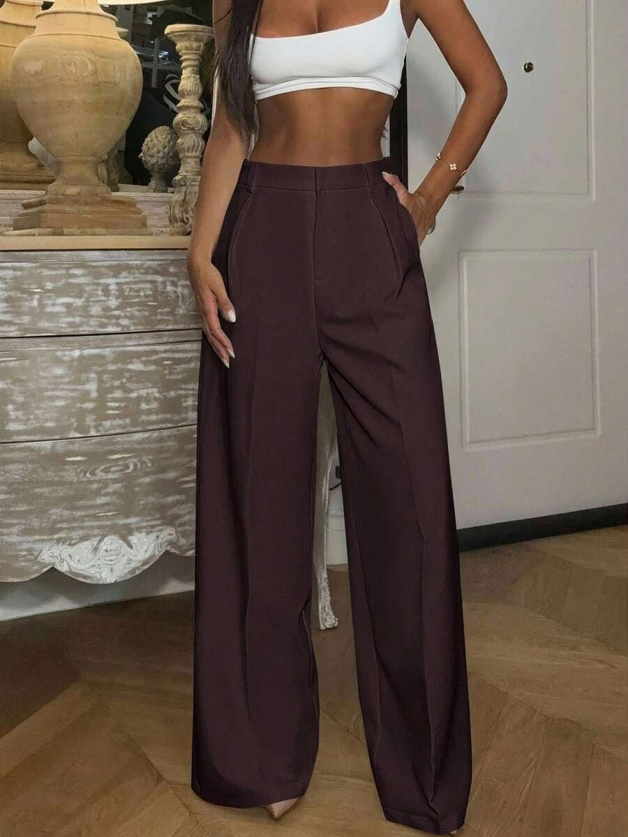 Solid High Waisted Wide Leg Dress Pants Business Work Trousers