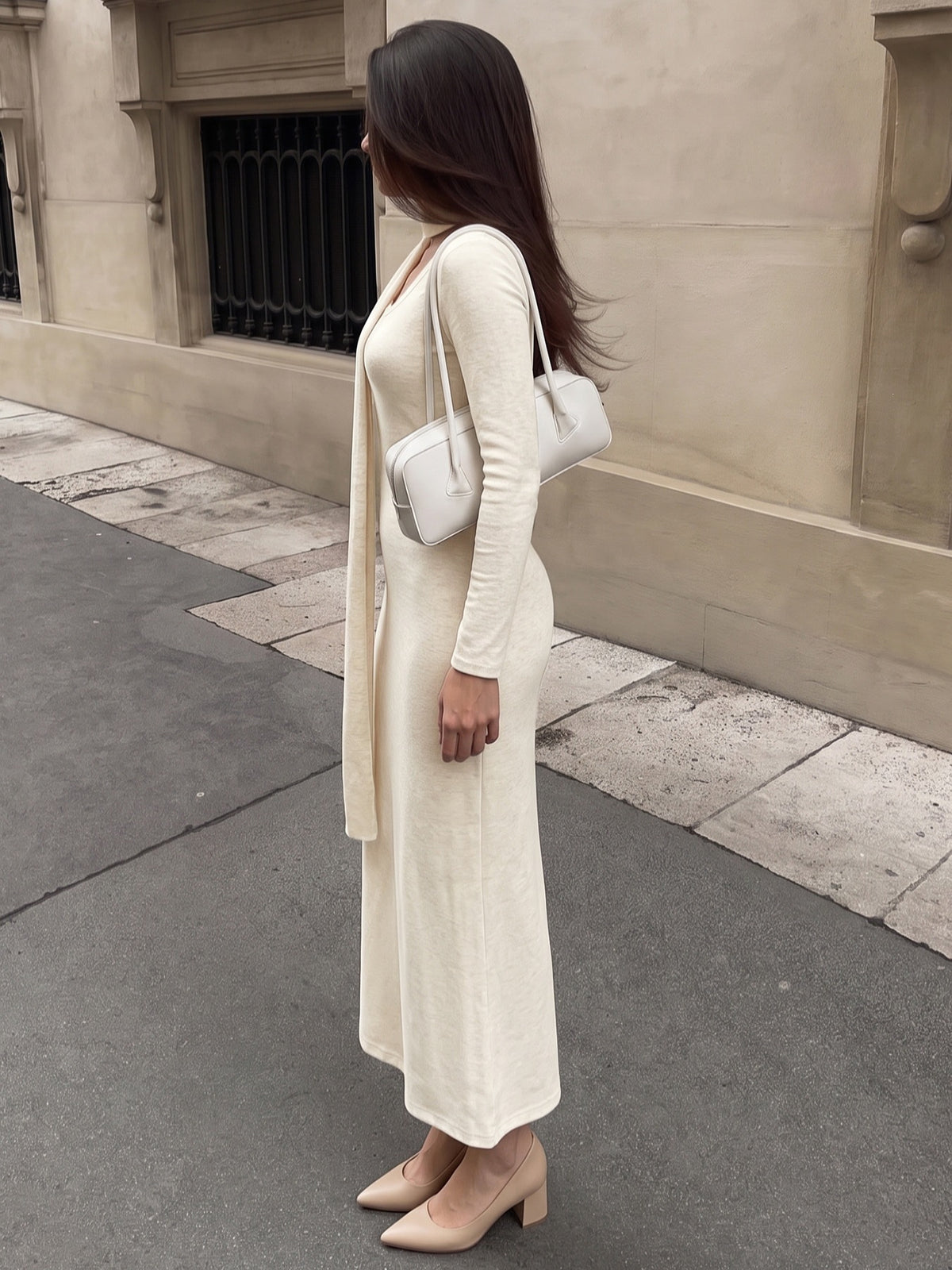 Square Neck Knit Bodycon Maxi Dress Long Sleeve Scarf Flare