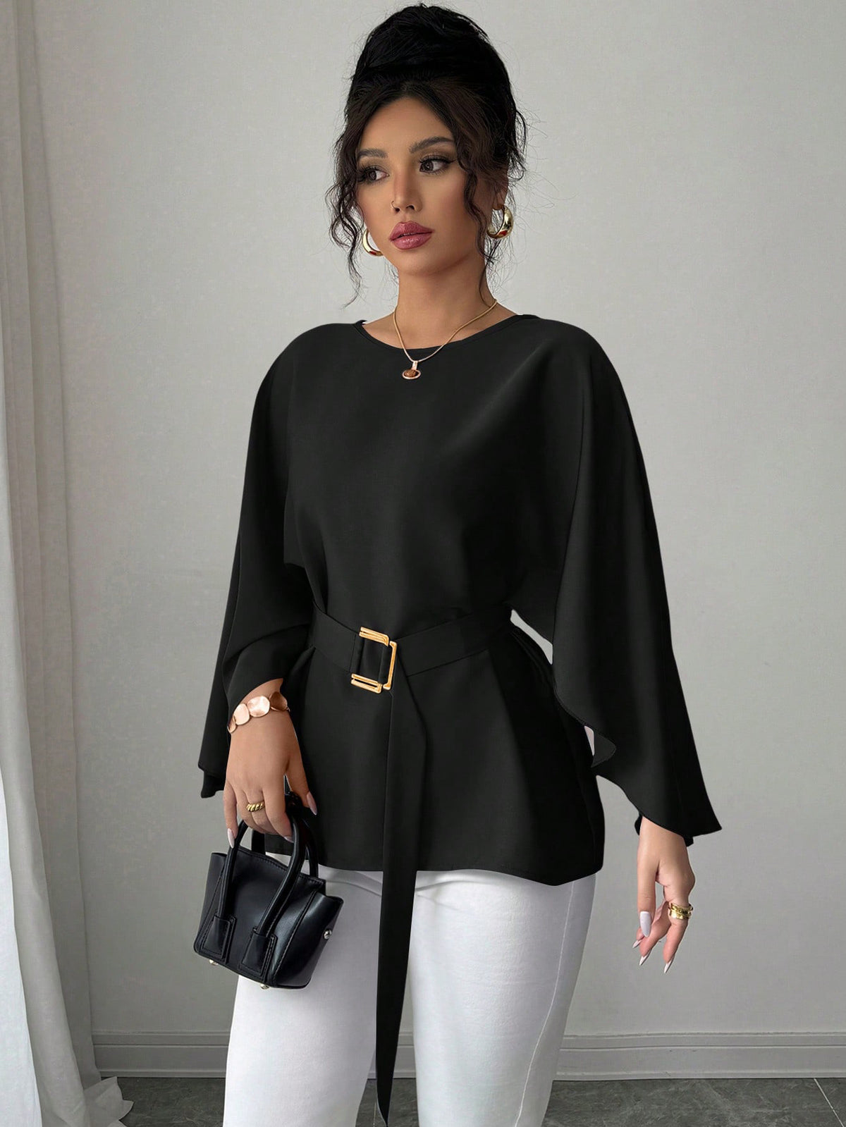 Women's French Vintage Bell Sleeve Belted Round Neck Blouse