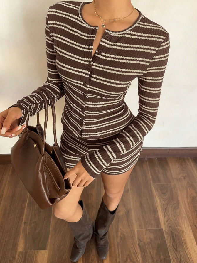Striped Knit Lounge Set Boutique Henley Fitted Shorts