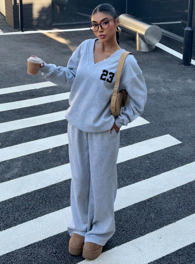 V Neck Graphic Sweatshirt Wide Leg Pants Set