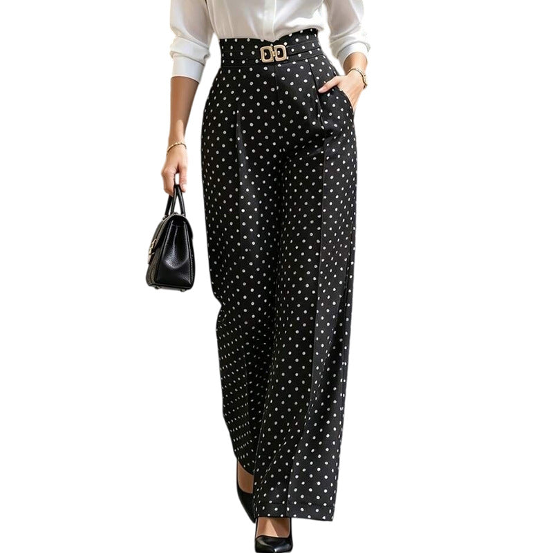 Women's Polka Dot High Waisted Wide Leg Black Dress Pants