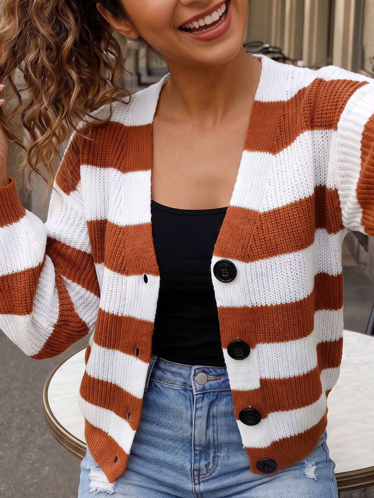 Women's Striped Color Block V Neck Button Front Cardigan
