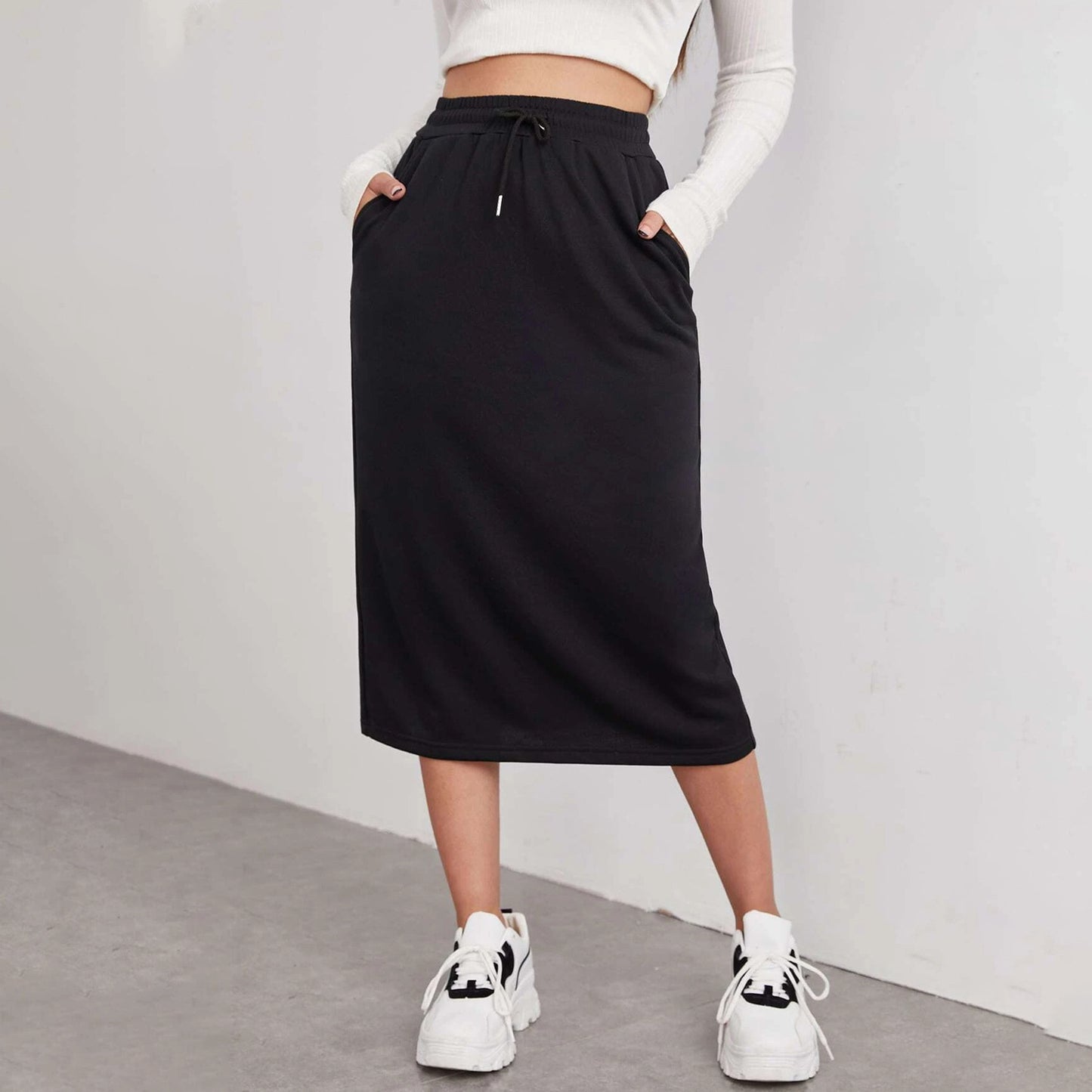 Solid Cotton Blend Skirt Casual Midi Drawstring Pocket